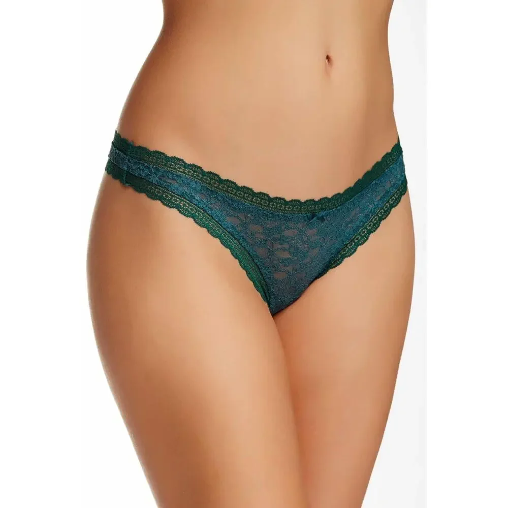 FREE PEOPLE INTIMATELY Dark Emerald Green Floral Lace Bow Thong Underwear XS